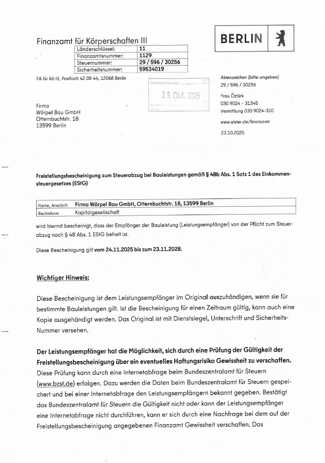 Freistellungsb Freistellungsbescheinigung in Steuersachen