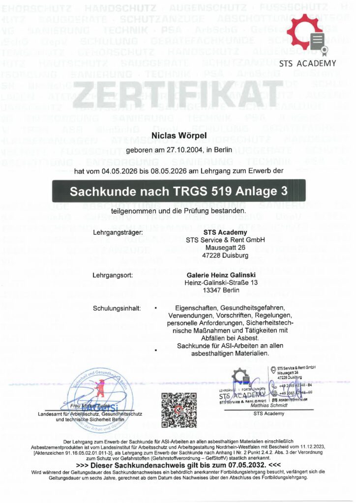Sachkunde TRGS 519 Sachkunde Nachweis Niclas Wörpel
